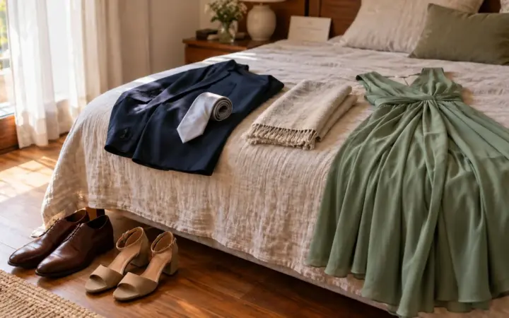 Chaqueta de traje azul marino con una corbata gris perla enrollada, un chal de lana color avena y un vestido verde salvia extendidos sobre una cama de lino, con zapatos marrones y sandalias de tacón ancho en el suelo y la invitación de boda, fuera de foco, junto al cabecero