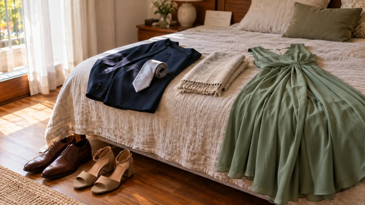 Chaqueta de traje azul marino con una corbata gris perla enrollada, un chal de lana color avena y un vestido verde salvia extendidos sobre una cama de lino, con zapatos marrones y sandalias de tacón ancho en el suelo y la invitación de boda, fuera de foco, junto al cabecero